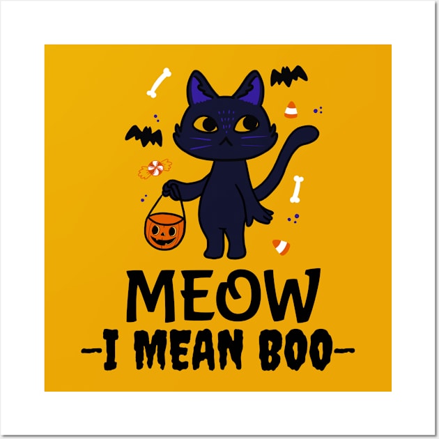 Meow I mean Boo, Funny Halloween black kitty, Trick or Treating Wall Art by MzM2U